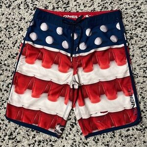 O'Neill Surf Board Shorts American Flag Beer Pong Print Red White Blue Men's 30